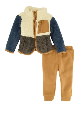 Baby Boys 12-24M Color Block Sherpa Jacket and Joggers, Brown,