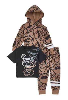 Baby Boys 12-24M Bear Print Hoodie and Tee with Joggers Set, Brown,