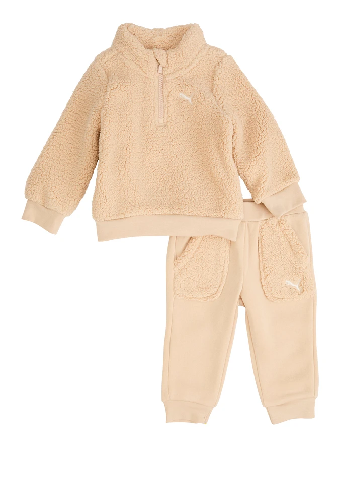 Baby Boys 12-24M Puma Sherpa Quarter Zip Sweatshirt and Joggers, Beige, Size 18M