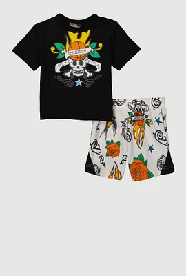Baby Boys 12-24M Hustle Play Repeat Skull Graphic Tee and Shorts, Black, Size 12M