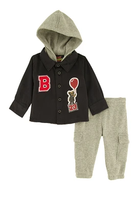 Baby Boys 0-9M Bear Graphic Hooded Shacket and Cargo Sweatpants, Grey, Size 0-3M