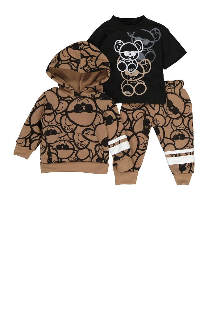 Baby Boys 0-9M Teddy Bear Graphic Hoodie and Tee with Joggers, Brown,