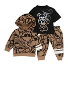 Baby Boys 0-9M Teddy Bear Graphic Hoodie and Tee with Joggers, Brown,