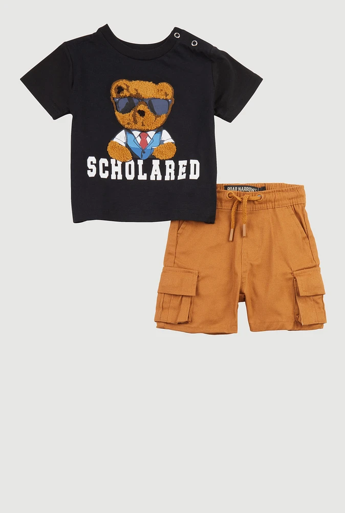Baby Boy 0-9M Chenille Bear Scholared T Shirt and Cargo Shorts Set with Patches, Black, Size 3-6M