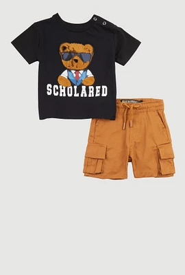 Baby Boy 0-9M Chenille Bear Scholared T Shirt and Cargo Shorts Set with Patches, Black, Size 3-6M