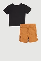 Baby Boy 0-9M Chenille Bear Scholared T Shirt and Cargo Shorts Set with Patches, Black, Size 3-6M