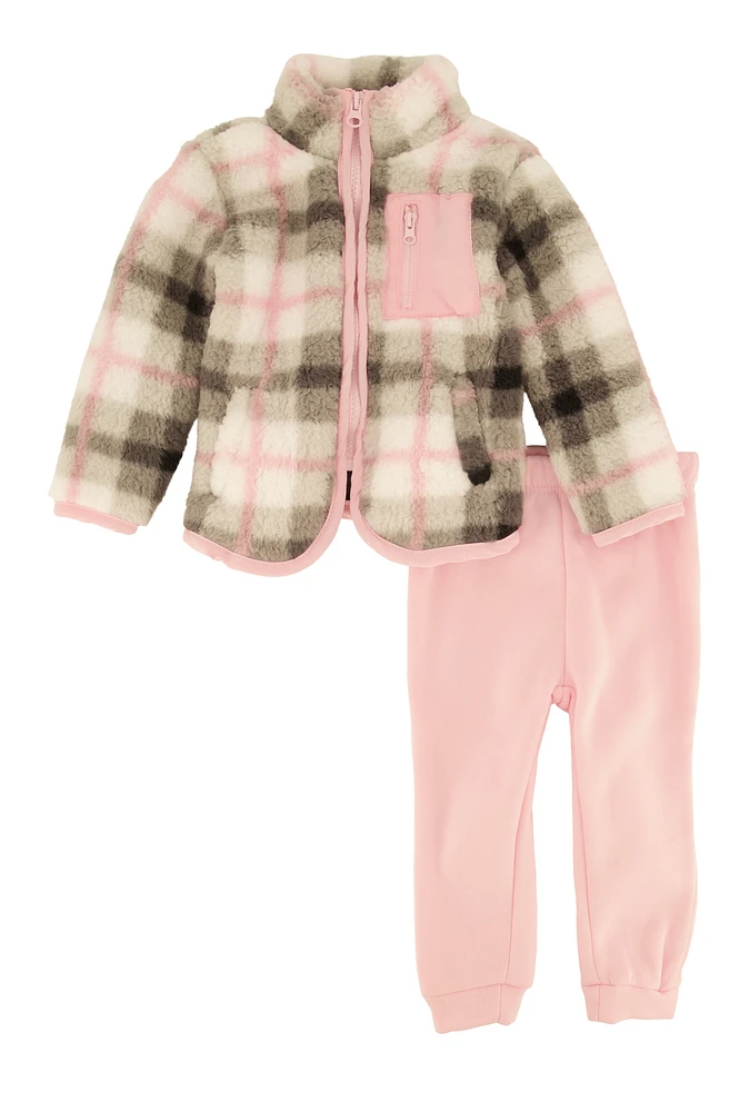 Baby Girls 12-24M Plaid Sherpa Jacket and Joggers, Pink, Size 12M
