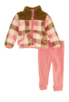 Baby Girls 12-24M Plaid Sherpa Jacket and Joggers, Pink, Size 18M