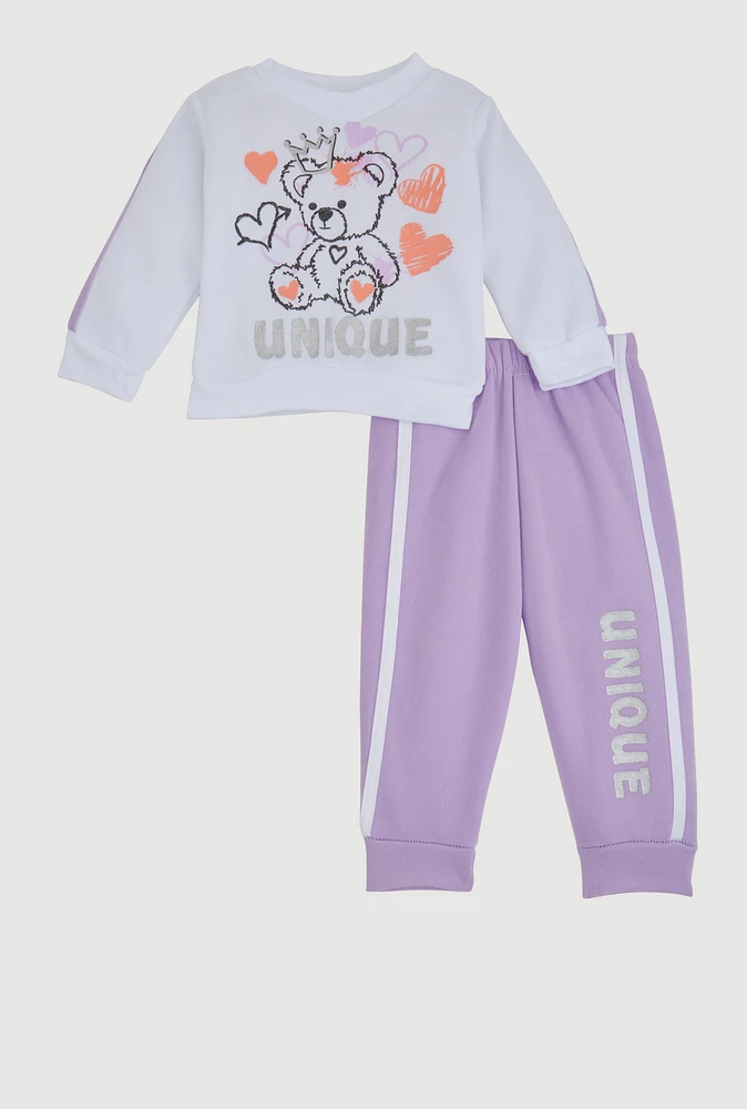 Baby Girls 12-24M Unique Glitter Graphic Sweatshirt and Joggers, Purple, Size 18M