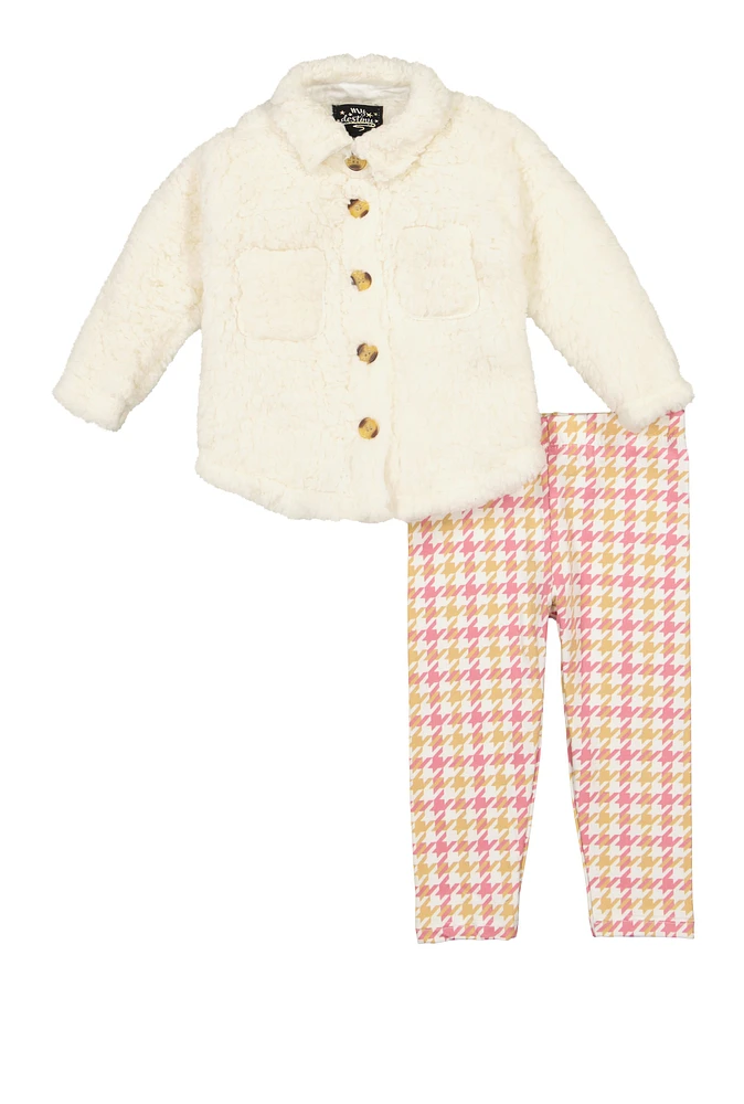 Baby Girls 12-24M Teddy Shacket and Houndstooth Leggings, White,