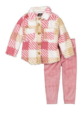 Baby Girls 12-24M Plaid Sherpa Shacket and Velour Leggings, Pink,