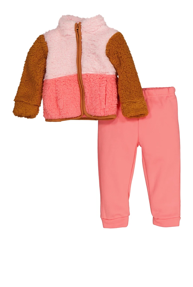 Baby Girls 12-24M Sherpa Teddy Jacket and Joggers, Pink, Size 18M