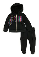 Baby Girls 0-9M Bear 3D Foil Screen Graphic Hoodie and Joggers, Black, Size 9M