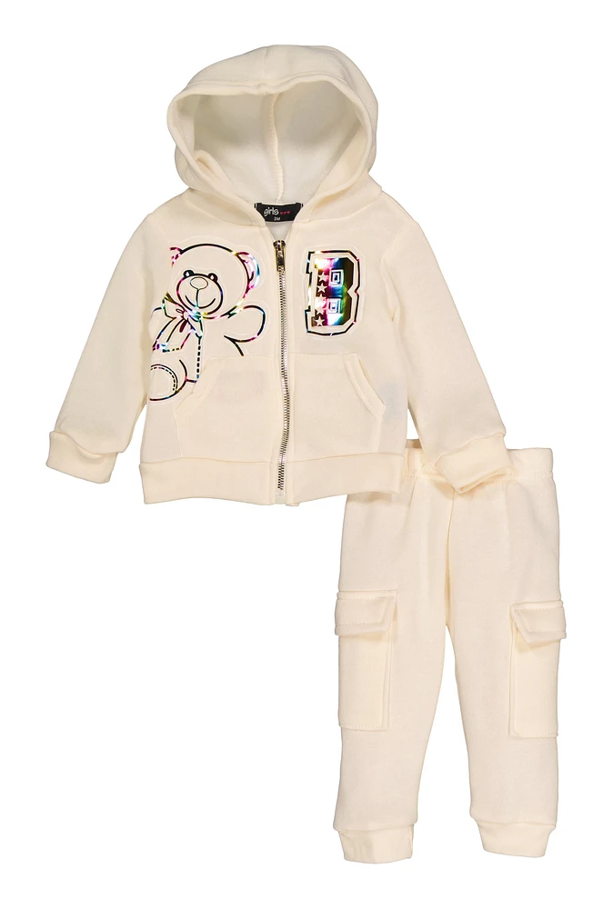 Baby Girls 0-9M Bear 3D Foil Screen Graphic Hoodie and Joggers, Beige, Size 3M