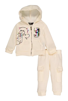 Baby Girls 0-9M Bear 3D Foil Screen Graphic Hoodie and Joggers, Beige, Size 3M