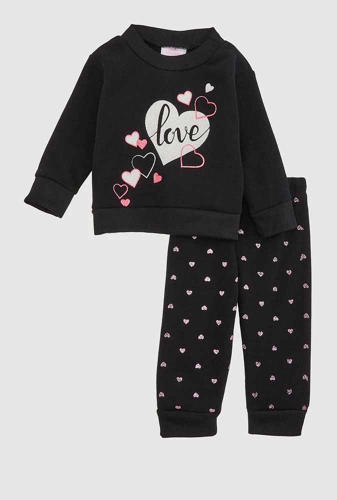 Baby Girls 0-9M Love Glitter Heart Sweatshirt and Joggers, Black, Size 3-6M