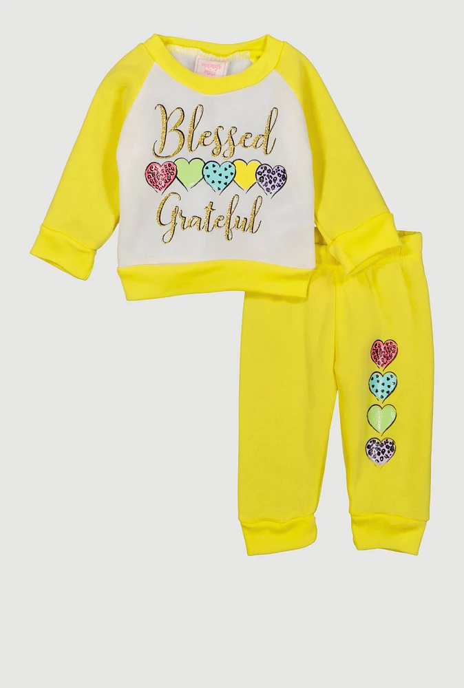 Baby Girls 0-9M Glitter Blessed Graphic Sweatshirt and Joggers, Yellow, Size 3-6M