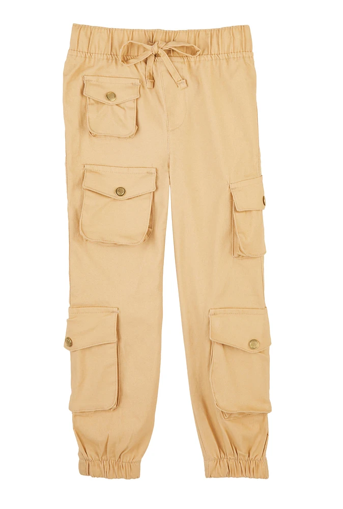Little Girls Drawstring Cargo Joggers, Khaki, Size 6X