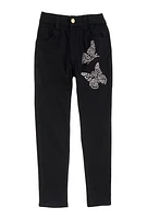 Little Girls Rhinestone Butterfly Hyperstretch Pants, Black, Size 6X