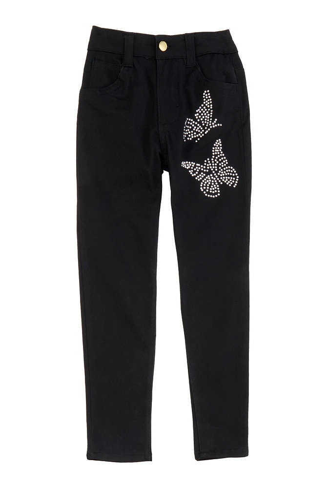 Little Girls Rhinestone Butterfly Hyperstretch Pants, Black, Size 4