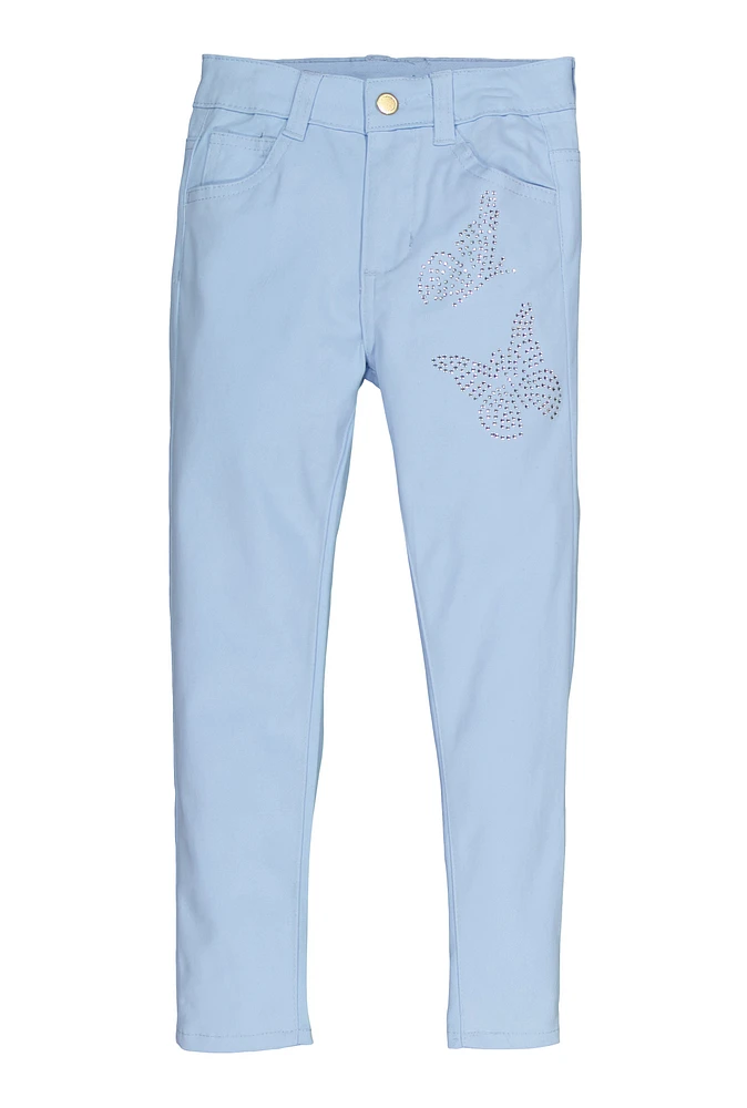 Little Girls Rhinestone Butterfly Hyperstretch Pants, Blue, Size 4