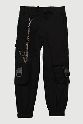 Little Girls Chain Detail Cargo Joggers, Black, Size 6X