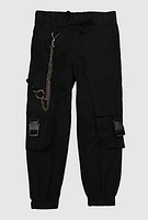 Little Girls Chain Detail Cargo Joggers, Black, Size 6X