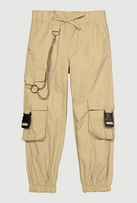 Little Girls Chain Detail Cargo Joggers, Khaki, Size 4