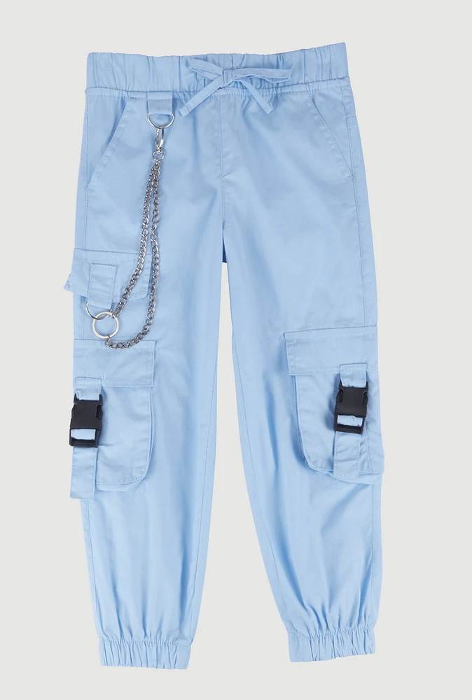Little Girls Chain Detail Cargo Joggers, Blue,
