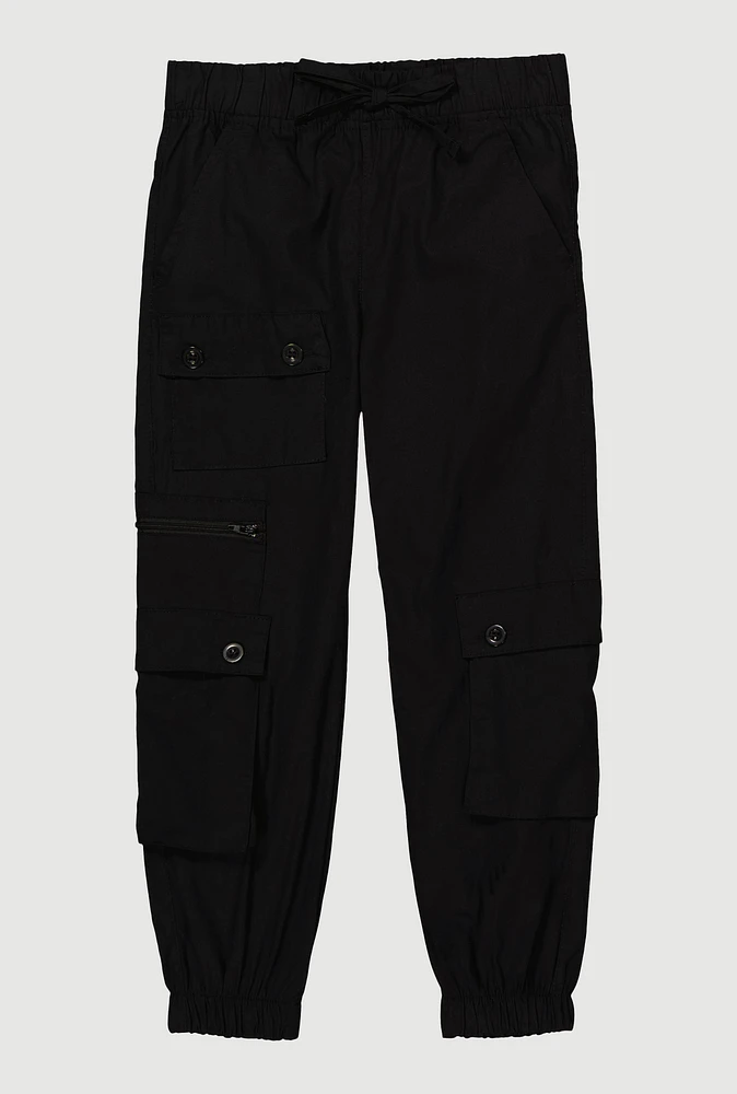 Little Girls Zip and Button Front Cargo Joggers, Black, Size 4