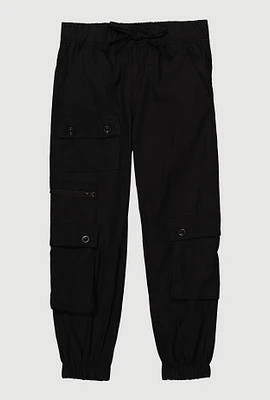 Little Girls Zip and Button Front Cargo Joggers, Black, Size 4