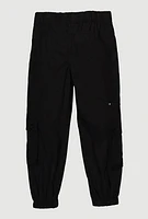 Little Girls Zip and Button Front Cargo Joggers, Black, Size 4