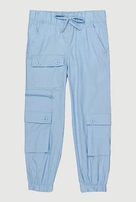 Little Girls Zip and Button Front Cargo Joggers, Blue, Size 4