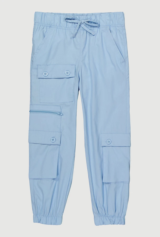 Little Girls Zip and Button Front Cargo Joggers, Blue, Size 6