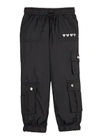 Little Girls Nylon Heart Embroidered Cargo Joggers, Black, Size 4
