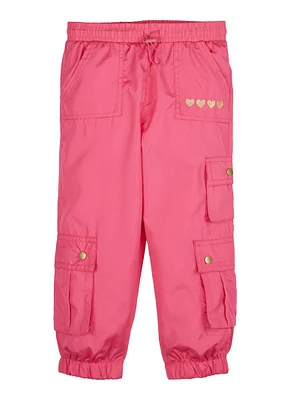 Little Girls Nylon Heart Embroidered Cargo Joggers, Pink, Size 4