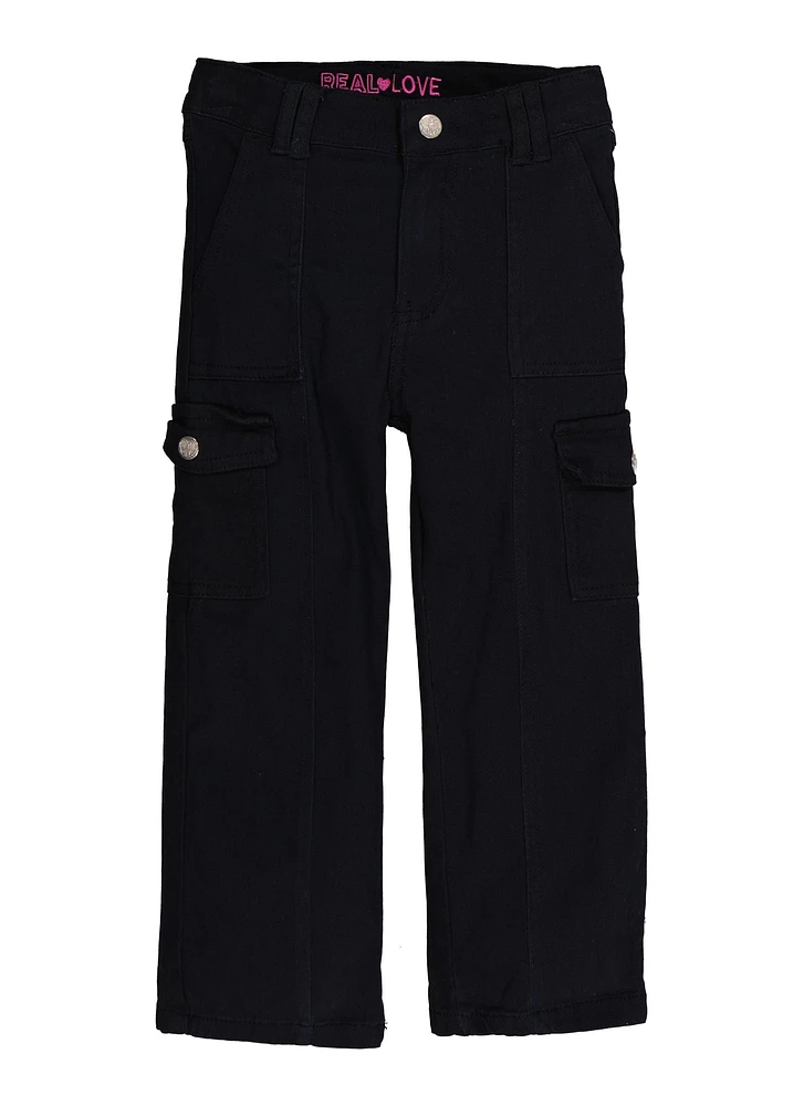 Little Girls Twill Cargo Pants, Black, Size 4