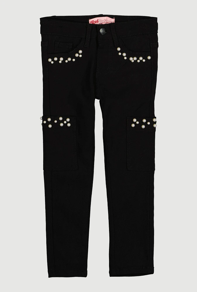 Little Girls Hyperstretch Faux Pearl Pocket Pants, Black,