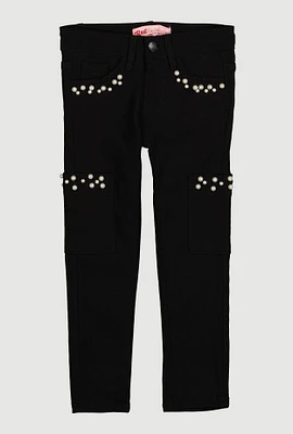 Little Girls Hyperstretch Faux Pearl Pocket Pants, Black,
