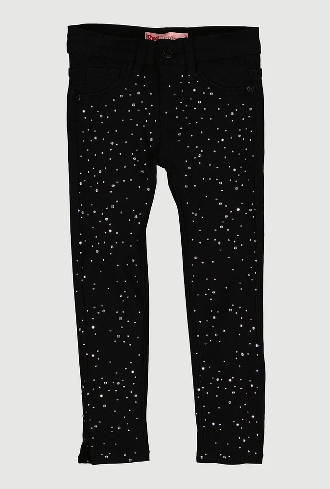 Little Girls Rhinestone Hyperstretch Skinny Pants, Black, Size 6