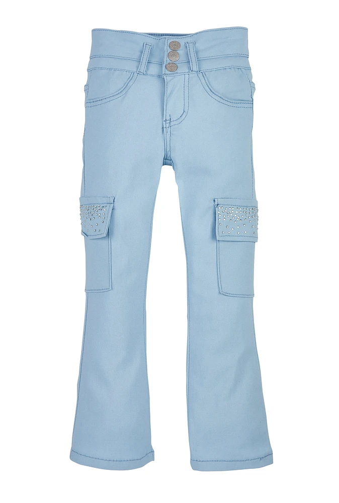 Little Girls Rhinestone Cargo Pocket Pants, Blue, Size 4