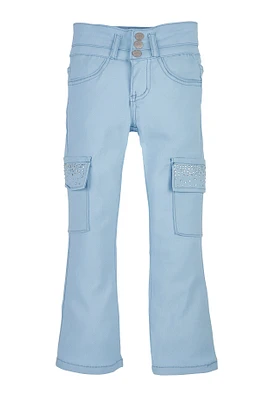 Little Girls Rhinestone Cargo Pocket Pants, Blue, Size 4