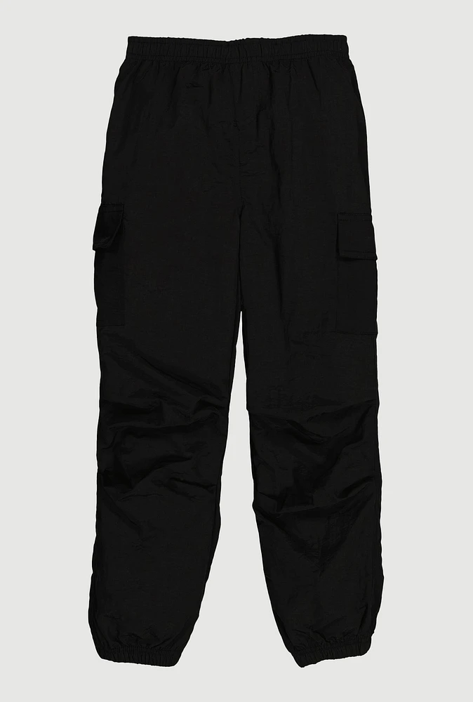 Girls Nylon Parachute Cargo Joggers, Black, Size 14-16