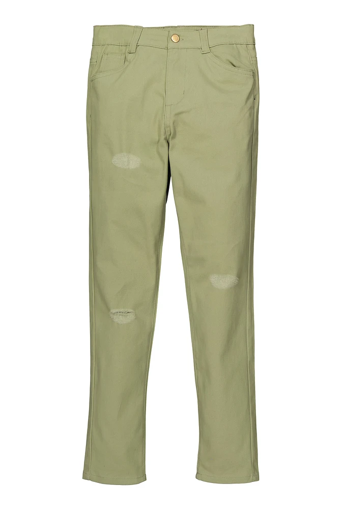 Girls Twill Distressed Pants, Green,