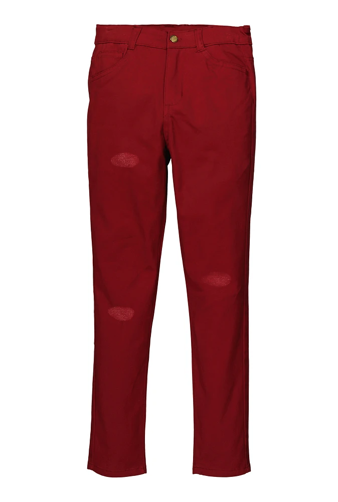 Girls Twill Distressed Pants, Red, Size 12