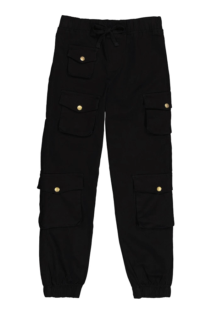 Girls Drawstring Cargo Joggers, Black,