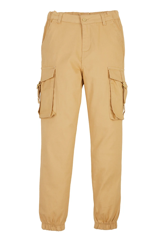 Girls Twill Buckle Cargo Joggers, Khaki, Size 10