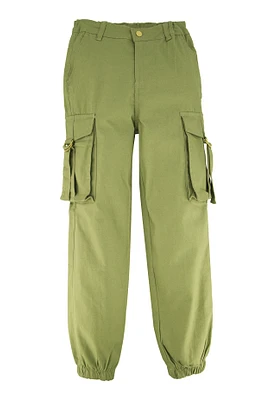 Girls Twill Buckle Cargo Joggers, Green, Size 10