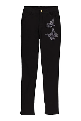 Girls Rhinestone Butterfly Hyperstretch Twill Pants, Black, Size 10