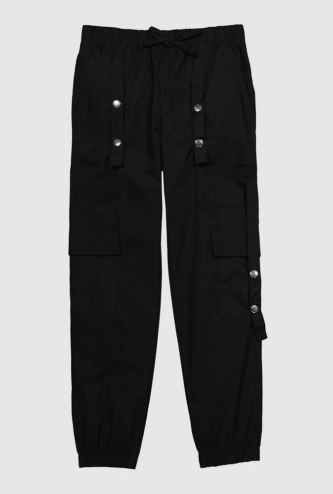 Girls Snap Button Detail Cargo Joggers, Black, Size 10
